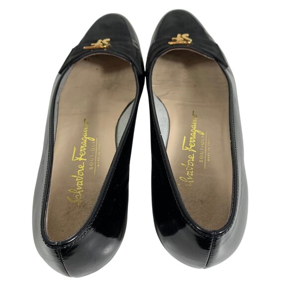 Salvatore Ferragamo Black Patent Leather Suede Loafers Flats Gold Logo SZ 6.5 B - Picture 8 of 12